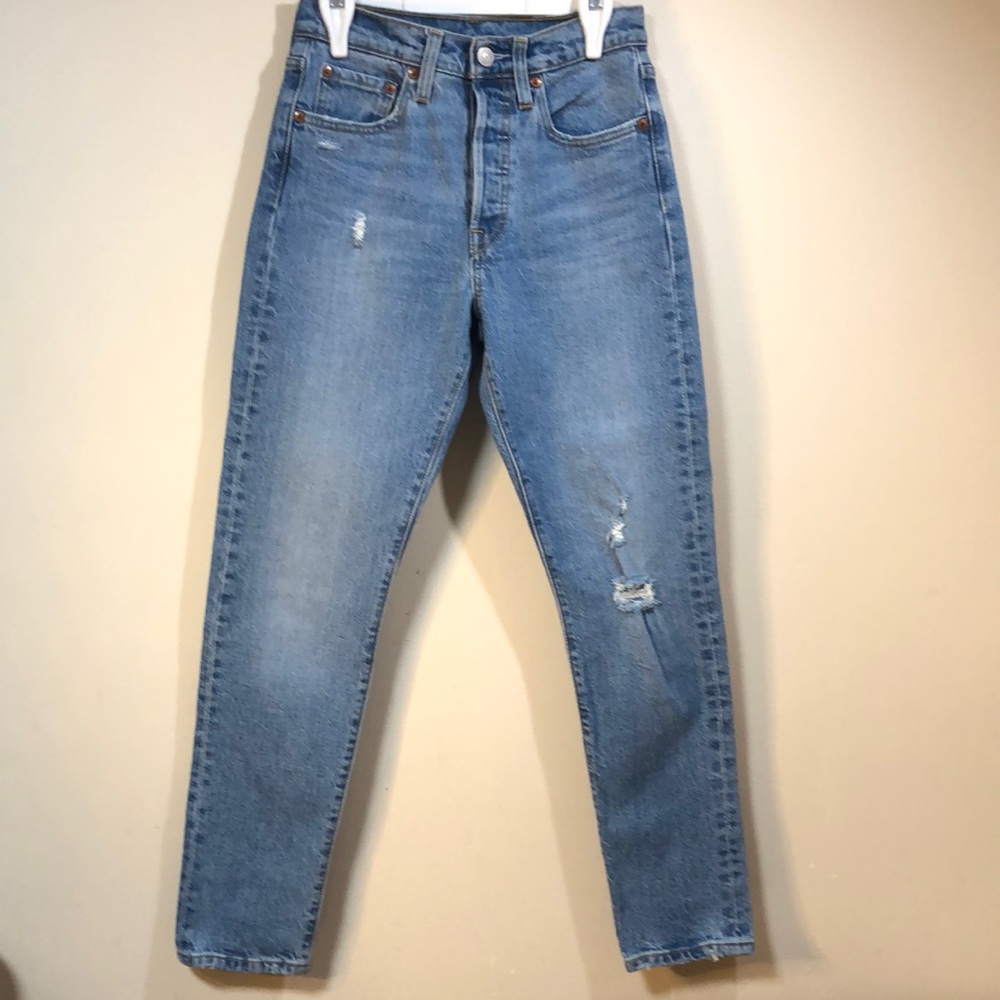 Levi's 501 S Skinny Premium Distressed Blue Jeans. Size 24/28